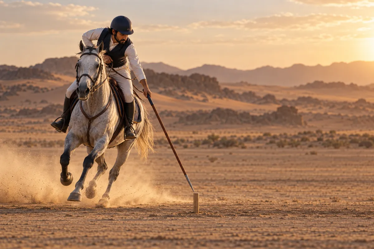 A tent-pegging rider at full gallop lowering a lance to the peg
