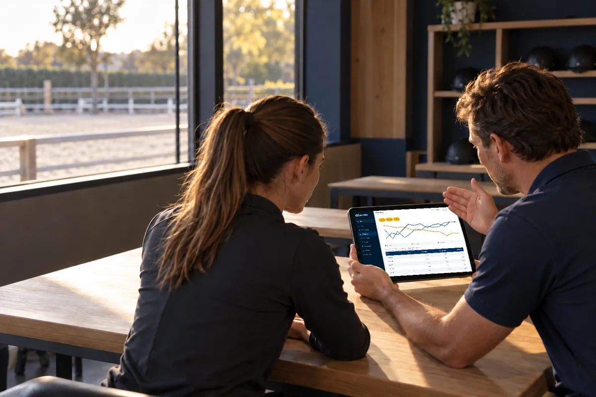 A coach going over training with an athlete at a stable